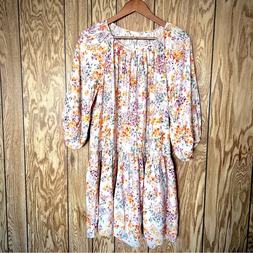 H&M Babydoll Airy Dress Cream Bright Floral Dress Size XS